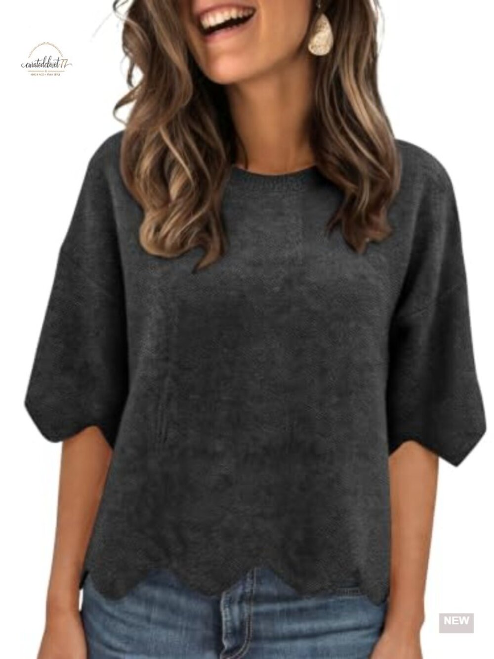 Tankaneo Womens Short Sleeve Sweater Scalloped Oversized Cropped Knit Pullover